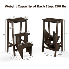 3-in-1 Rubber Wood 3 Tier Folding Step Stool Ladder Storage Shelf-Dark Brown