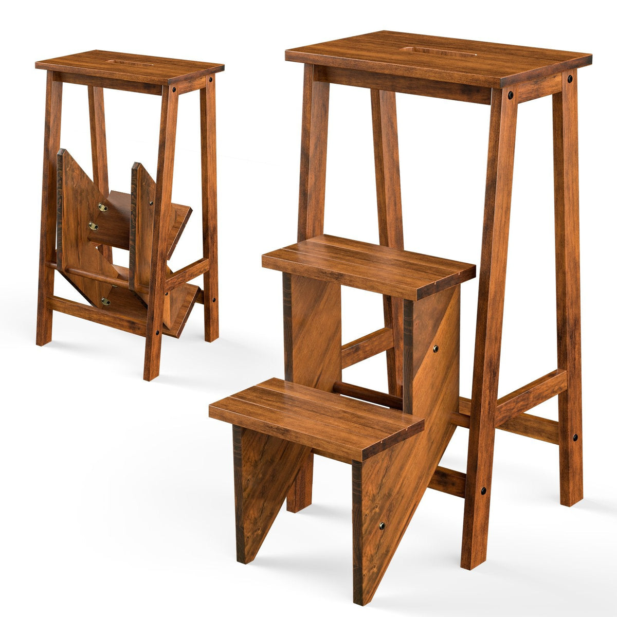 3-in-1 Rubber Wood 3 Tier Folding Step Stool Ladder Storage Shelf-Brown