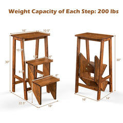3-in-1 Rubber Wood 3 Tier Folding Step Stool Ladder Storage Shelf-Brown