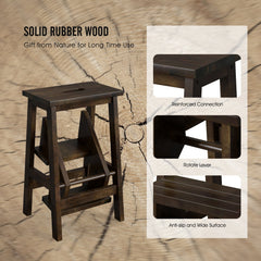 3-in-1 Rubber Wood Step Stool with Convenient Handle-Brown