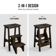3-in-1 Rubber Wood Step Stool with Convenient Handle-Brown