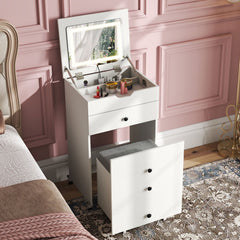3-in-1 Small Vanity Desk Set with Flip-top Mirror and Lights with Drawers and Stool-White