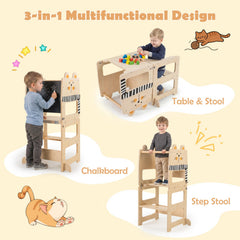 3-in-1 Wooden Kids Toddler Kitchen Step Stool with Blackboard-Black&White