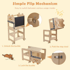 3-in-1 Wooden Kids Toddler Kitchen Step Stool with Blackboard-Black&White