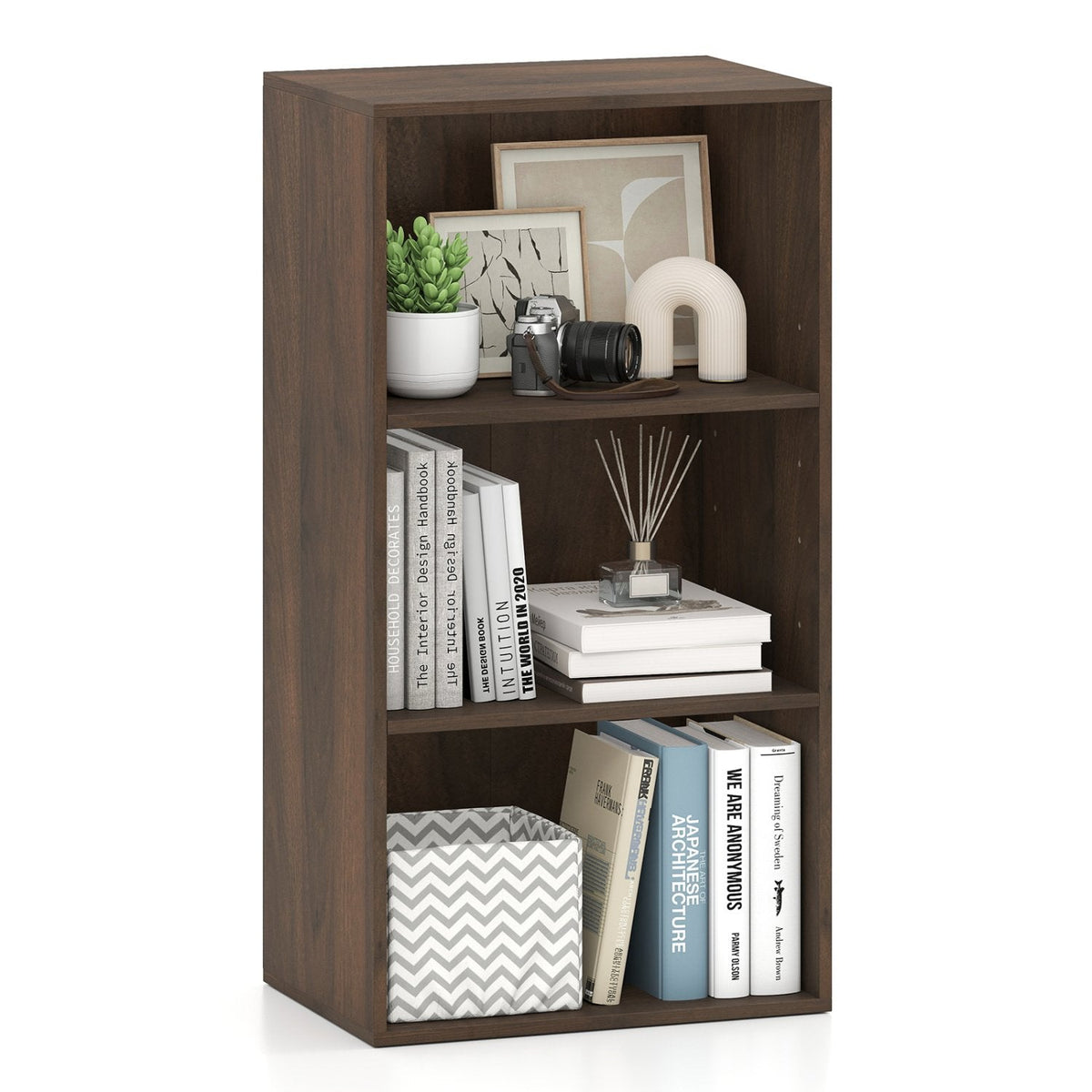 3 Shelf Walnut Bookcase, Compact Open Storage Cabinet with Adjustable Shelves