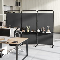 3-Panel Folding Room Divider with 3 Metal Shelves and Lockable Wheels-Black