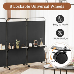 3-Panel Folding Room Divider with 3 Metal Shelves and Lockable Wheels-Black