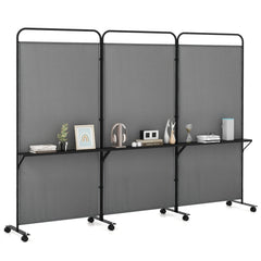 3-Panel Folding Room Divider with 3 Metal Shelves and Lockable Wheels-Gray