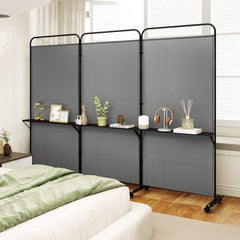 3-Panel Folding Room Divider with 3 Metal Shelves and Lockable Wheels-Gray