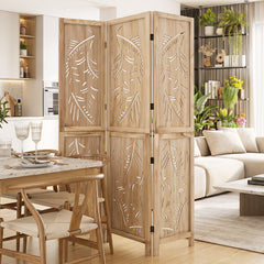 3-Panel Wooden Room Divider with Palm Leaf Design & Paulownia Frame for Home