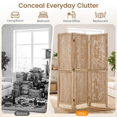 3-Panel Wooden Room Divider with Palm Leaf Design & Paulownia Frame for Home