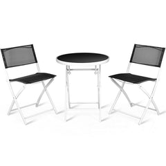 3 Piece Folding Bistro Set, 2 Folding Mesh Chairs and 24 in Round Glass Top Table at Dining Height, Black and White