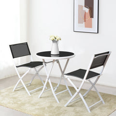 3 Piece Folding Bistro Set, 2 Folding Mesh Chairs and 24 in Round Glass Top Table at Dining Height, Black and White