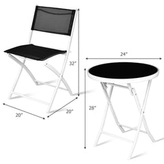 3 Piece Folding Bistro Set, 2 Folding Mesh Chairs and 24 in Round Glass Top Table at Dining Height, Black and White