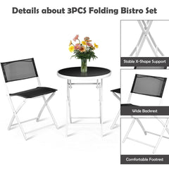 3 Piece Folding Bistro Set, 2 Folding Mesh Chairs and 24 in Round Glass Top Table at Dining Height, Black and White