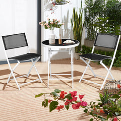 3 Piece Folding Bistro Set, 2 Folding Mesh Chairs and 24 in Round Glass Top Table at Dining Height, Black and White