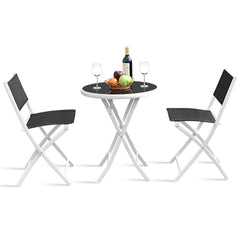 3 Piece Folding Bistro Set, 2 Folding Mesh Chairs and 24 in Round Glass Top Table at Dining Height, Black and White