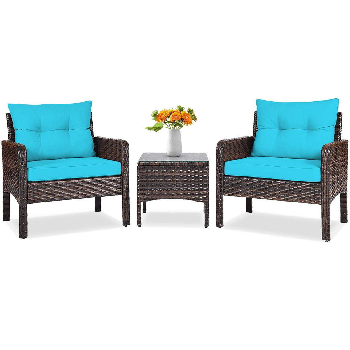 3 Piece Outdoor Rattan Conversation Set, 2 Deep Wicker Armchairs Rated 350 lb with Turquoise Cushions and 17.5 in Glass Top Table