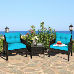 3 Piece Outdoor Rattan Conversation Set, 2 Deep Wicker Armchairs Rated 350 lb with Turquoise Cushions and 17.5 in Glass Top Table