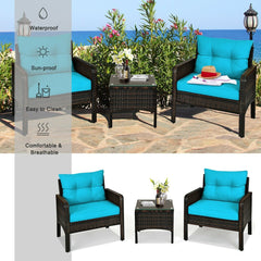 3 Piece Outdoor Rattan Conversation Set, 2 Deep Wicker Armchairs Rated 350 lb with Turquoise Cushions and 17.5 in Glass Top Table