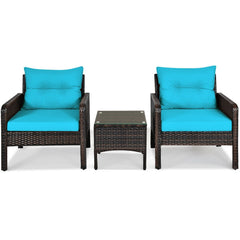 3 Piece Outdoor Rattan Conversation Set, 2 Deep Wicker Armchairs Rated 350 lb with Turquoise Cushions and 17.5 in Glass Top Table
