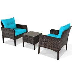 3 Piece Outdoor Rattan Conversation Set, 2 Deep Wicker Armchairs Rated 350 lb with Turquoise Cushions and 17.5 in Glass Top Table