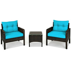 3 Piece Outdoor Rattan Conversation Set, 2 Deep Wicker Armchairs Rated 350 lb with Turquoise Cushions and 17.5 in Glass Top Table