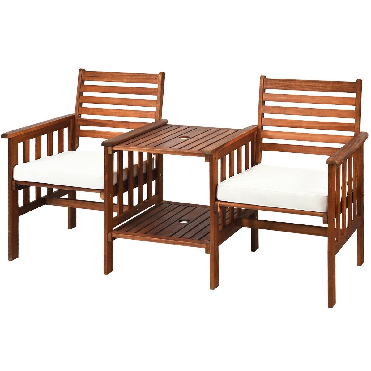 Acacia Wood Patio Loveseat with Built In Two Tier Table and Umbrella Hole, 65 in, 2 Seats Rated 350 lb with Off White Cushions
