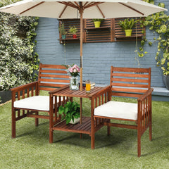 Acacia Wood Patio Loveseat with Built In Two Tier Table and Umbrella Hole, 65 in, 2 Seats Rated 350 lb with Off White Cushions