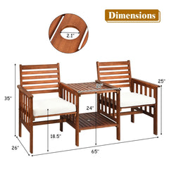 Acacia Wood Patio Loveseat with Built In Two Tier Table and Umbrella Hole, 65 in, 2 Seats Rated 350 lb with Off White Cushions