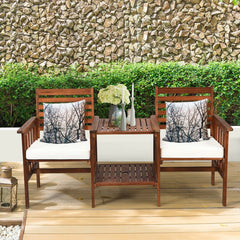 Acacia Wood Patio Loveseat with Built In Two Tier Table and Umbrella Hole, 65 in, 2 Seats Rated 350 lb with Off White Cushions