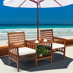 Acacia Wood Patio Loveseat with Built In Two Tier Table and Umbrella Hole, 65 in, 2 Seats Rated 350 lb with Off White Cushions