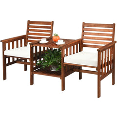 Acacia Wood Patio Loveseat with Built In Two Tier Table and Umbrella Hole, 65 in, 2 Seats Rated 350 lb with Off White Cushions