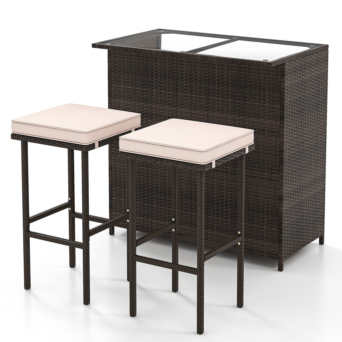 3 Piece Patio Bar Set, Rattan Bar Table with Tempered Glass Top, 2 Tier Storage and 2 Cushioned Stools, Brown