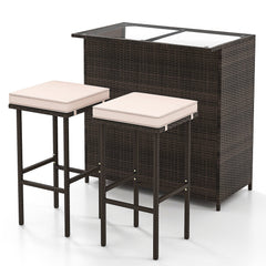 3 Piece Patio Bar Set, Rattan Bar Table with Tempered Glass Top, 2 Tier Storage and 2 Cushioned Stools, Brown
