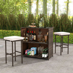 3 Piece Patio Bar Set, Rattan Bar Table with Tempered Glass Top, 2 Tier Storage and 2 Cushioned Stools, Brown