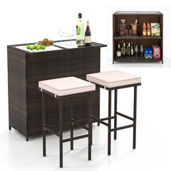 3 Piece Patio Bar Set, Rattan Bar Table with Tempered Glass Top, 2 Tier Storage and 2 Cushioned Stools, Brown