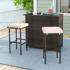 3 Piece Patio Bar Set, Rattan Bar Table with Tempered Glass Top, 2 Tier Storage and 2 Cushioned Stools, Brown