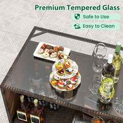 3 Piece Patio Bar Set, Rattan Bar Table with Tempered Glass Top, 2 Tier Storage and 2 Cushioned Stools, Brown