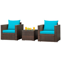 3 Piece Patio Rattan Conversation Set, 2 Wicker Sofas Rated 400 lb with Turquoise Cushions and 20 in Glass Top Coffee Table