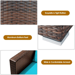 3 Piece Patio Rattan Conversation Set, 2 Wicker Sofas Rated 400 lb with Turquoise Cushions and 20 in Glass Top Coffee Table