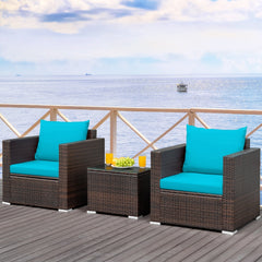 3 Piece Patio Rattan Conversation Set, 2 Wicker Sofas Rated 400 lb with Turquoise Cushions and 20 in Glass Top Coffee Table