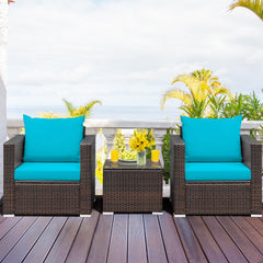 3 Piece Patio Rattan Conversation Set, 2 Wicker Sofas Rated 400 lb with Turquoise Cushions and 20 in Glass Top Coffee Table