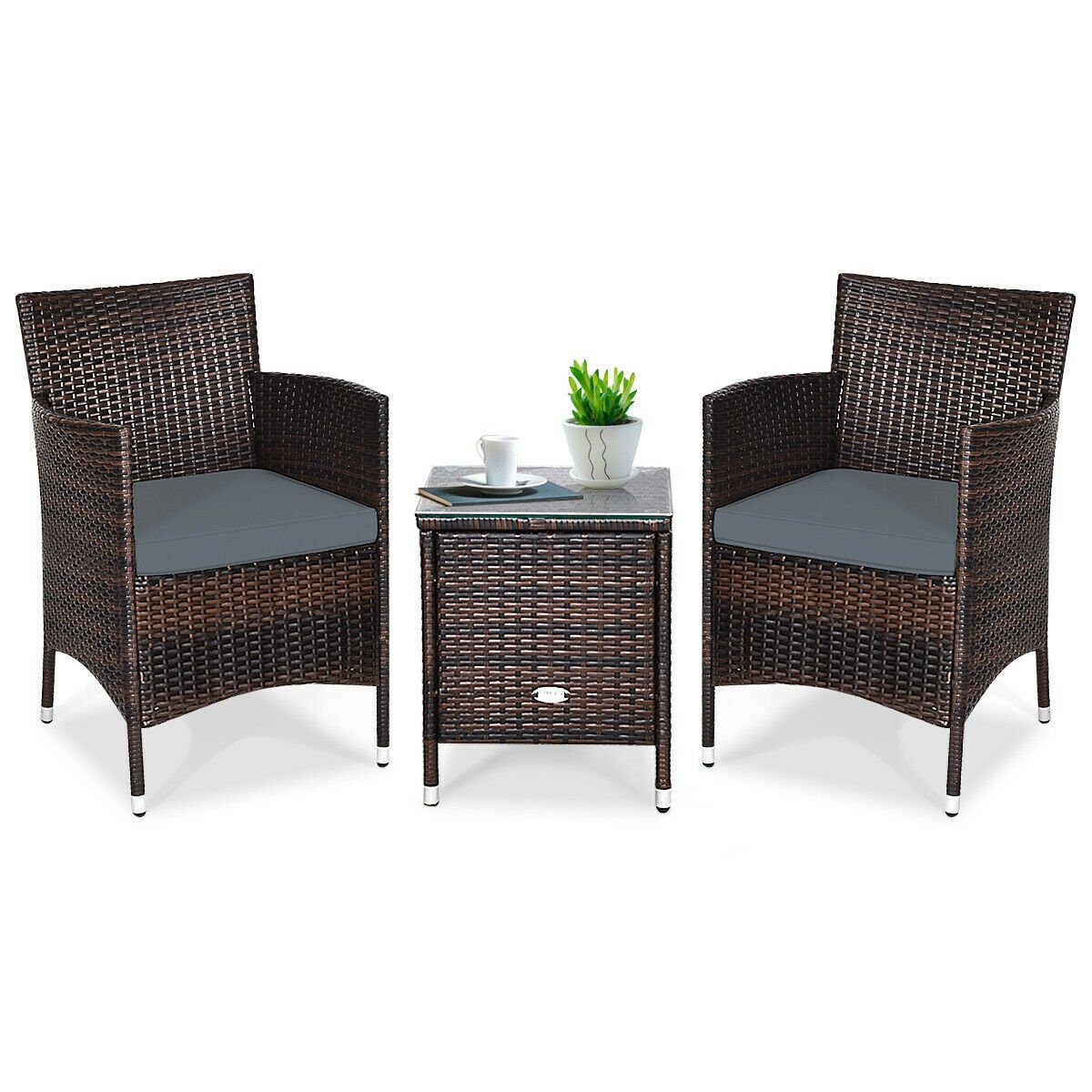3 Piece Outdoor Wicker Rattan Set, 2 Chairs Rated 355 lb with Grey Cushions and a 16 in Glass Top Table