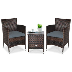 3 Piece Outdoor Wicker Rattan Set, 2 Chairs Rated 355 lb with Grey Cushions and a 16 in Glass Top Table