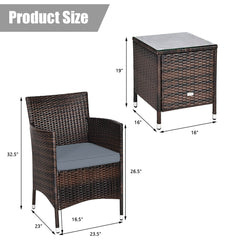 3 Piece Outdoor Wicker Rattan Set, 2 Chairs Rated 355 lb with Grey Cushions and a 16 in Glass Top Table