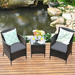 3 Piece Outdoor Wicker Rattan Set, 2 Chairs Rated 355 lb with Grey Cushions and a 16 in Glass Top Table