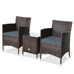 3 Piece Outdoor Wicker Rattan Set, 2 Chairs Rated 355 lb with Grey Cushions and a 16 in Glass Top Table