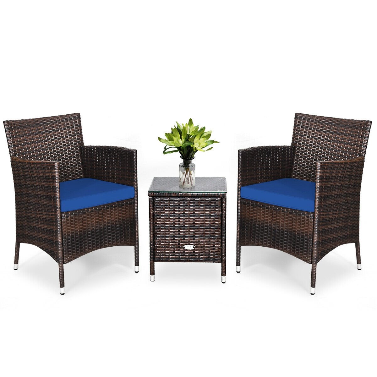 3 Piece Outdoor Wicker Rattan Set, 2 Cradle Seat Chairs Rated 355 lb with Navy Cushions and Tempered Glass Coffee Table