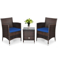 3 Piece Outdoor Wicker Rattan Set, 2 Cradle Seat Chairs Rated 355 lb with Navy Cushions and Tempered Glass Coffee Table